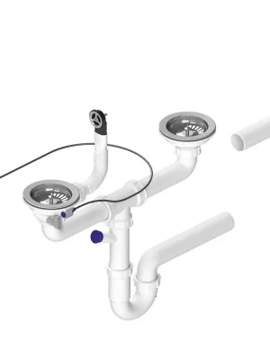 Dřezový sifon s přepadem, ovládáním a odbočkou, 6/4", pro dvojdřez, včetně pilety, DN40, bílá Goedkoop