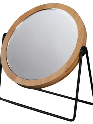 KARA kosmetické zrcátko na postavení, Ø 145mm, oboustranné, černá/bambus Premium