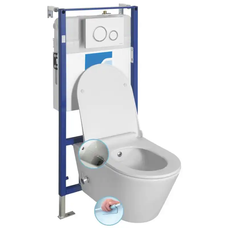Goedkoop Závěsné WC AVVA CLEANWASH , integr. baterie a bidet. sprška s podomítkovou nádržkou a tlačítkem Schwab, bílá