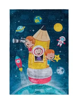 Dětský kusový koberec vhodný k praní BAMBINO 42810 Vesmír Raketa Kosmonaut Děti modrý protiskluzový žlutý Sleva