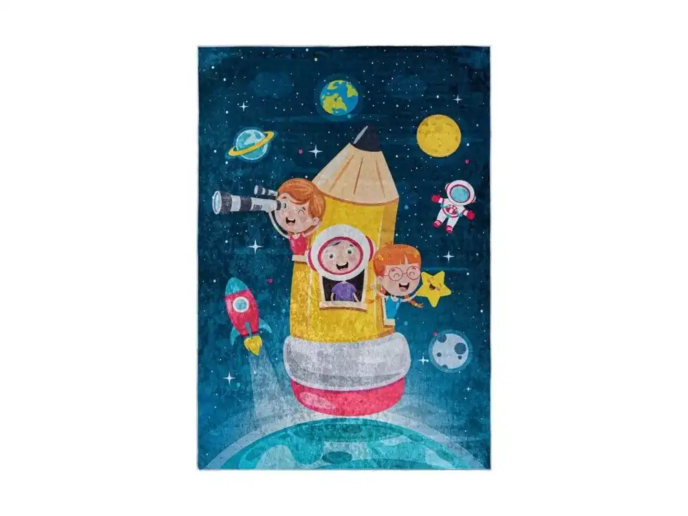 Dětský kusový koberec vhodný k praní BAMBINO 42810 Vesmír Raketa Kosmonaut Děti modrý protiskluzový žlutý Korting