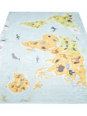 Oblíbený Dětský kusový koberec vhodný k praní BAMBINO 2763 Mapa světa protiskluzový modrý
