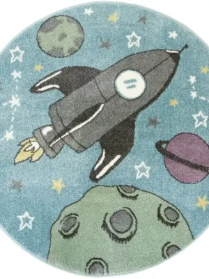 Kulatý dětský koberec Lima E183A Raketa Planety Vesmír modrý zelený Denní Nabídka