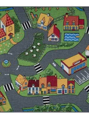 Přímo Od Výrobce Dětský kusový koberec REBEL ROADS Village life 90 Vesnice cesty protiskluzový šedý zelený