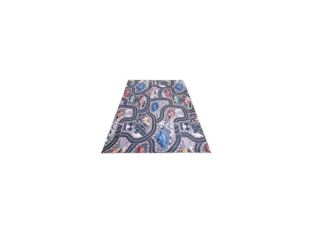 Dokud Zásoby Vydrží Dětský kusový koberec FLANNEL PRINTED B-605 Závodní Auta Ulice šedý