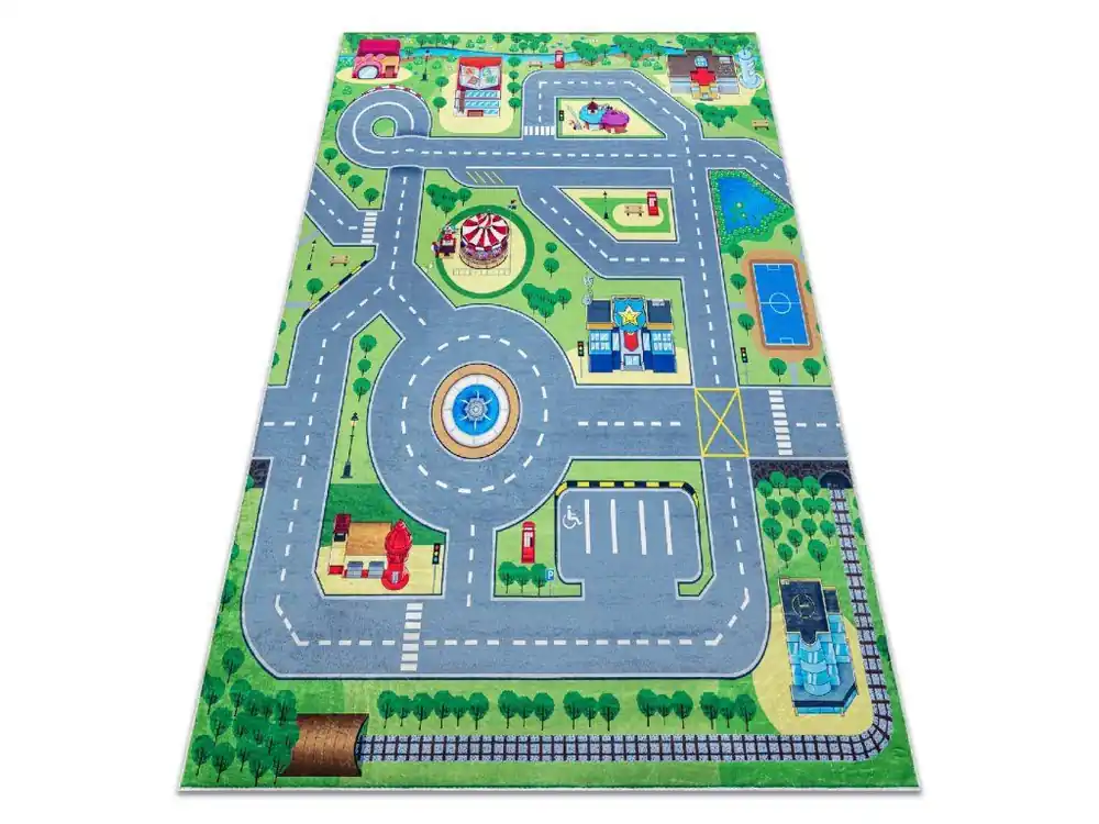 Uitverkoop Dětský kusový koberec vhodný k praní BAMBINO 9028 Město Ulice Uličky zelený šedý