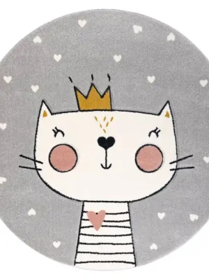 Ověřený Kulatý dětský koberec KIDDO 6106 Kočička Princezna Srdíčka světle šedý bílý