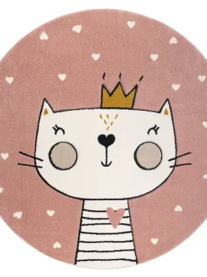 Nejprodávanější Kulatý dětský koberec KIDDO 6106 Kočička Princezna Srdíčka růžový bílý