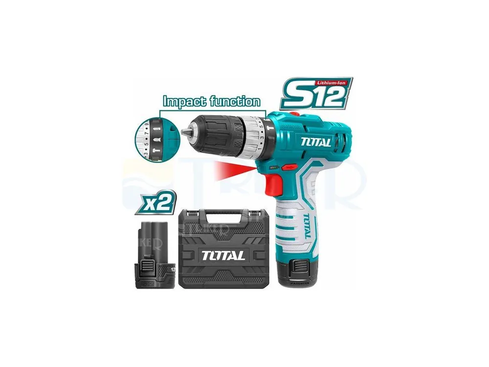 Vrtací šroubovák AKU s příklepem, 12V Li-ion (2x), 1500mAh Superprijs