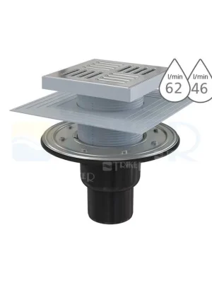 Vpusť podlahová s přírubou APV4444 spodní odpad 50/75 mm, nerezová mřížka 150 x 150 mm Horká Nabídka