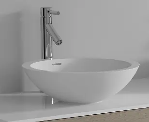 Kulaté designové umyvadlo na desku Riho AVELLA SF kruh, litý mramor 42 x 14 cm, matná bílá Rechtstreeks Van De Fabrikant