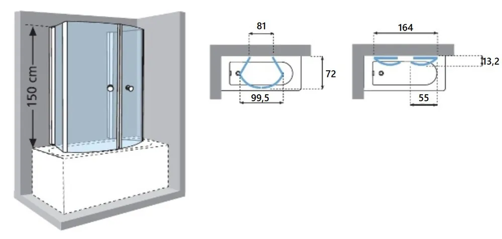 Korting 4-dílný vanový skleněný kout Santech AURORA 4, transparentní sklo 6 mm, 75 x 150 cm