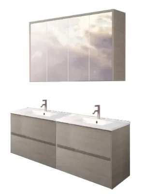 Koupelnová sestava Riho PORTO 120 cm, dub šedý. Skříňka s dvojumyvadlem, zrcadlová skříňka Levný