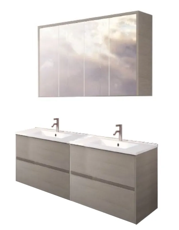 Koupelnová sestava Riho PORTO 120 cm, dub šedý. Skříňka s dvojumyvadlem, zrcadlová skříňka Goedkoop