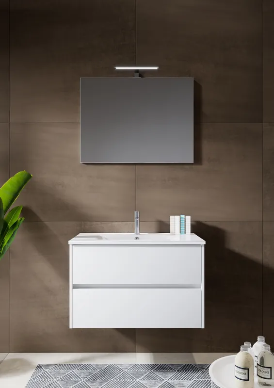 Nejprodávanější Koupelnová sestava Riho PORTO 80 cm, bílá. Skříňka s umyvadlem WAVE, zrcadlo, LED světlo