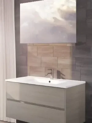 Nejprodávanější Koupelnová sestava Riho PORTO 100 cm, dub. Závěsná skříňka s keramickým umyvadlem, zrcadlo
