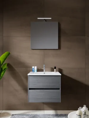 Koupelnová sestava nábytku Riho PORTO 60 cm, barva azabache. Závěsná skříňka s keramickým umyvadlem WAVE, zrcadlo s LED osvětlením Levný
