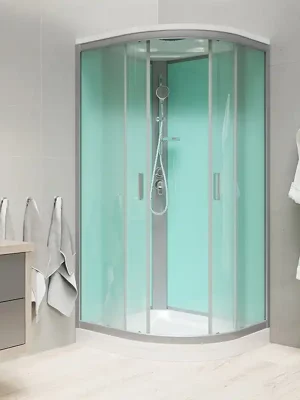 Sprchový box čtvrtkruh 100 cm, profily satin ALU, sklo Point 5 a 4 mm, zadní stěny zelené, litá vanička včetně nožiček, sifonu a panelu 100 x 100 cm, se stříškou a talířovou sprchou. Sezónní Sleva