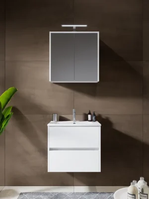 Zlevněný Sestava nábytku do koupelny Riho PORTO Slim 60 cm, bílá lesklá. Skříňka s umyvadlem - 2x zásuvka, zrcadlová skříňka, LED světlo. Hloubka pouze 36 cm