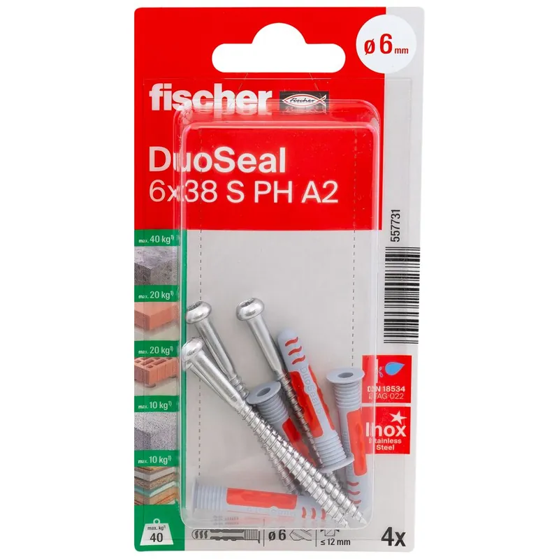 Voordeelprijs fischer DuoSeal hmoždinka 6 x 38 mm do vlhkých prostor + nerez vrut A2 - sada 4 ks v blistru
